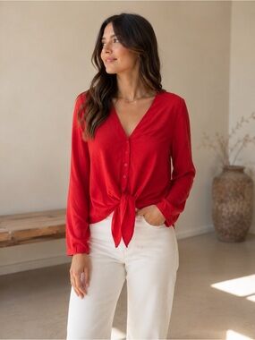 H&M Divided Red Tie Front Button Up Cropped Blouse Size 10